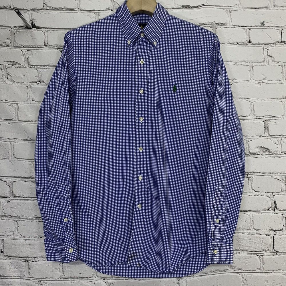 Ralph Lauren Blue Gingham Plaid Button Down Shirt Size M Green Pony Long Sleeve